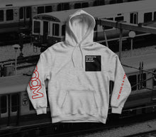Load image into Gallery viewer, Products Of Our Mindset® Boxout Hoodie in grey with red accents. High density Vinyl applique.